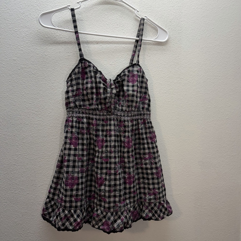 Y2K Decree Tank Top Sz L Babydoll Lace Trim Grunge Floral Plaid Whimsigoth Fairy